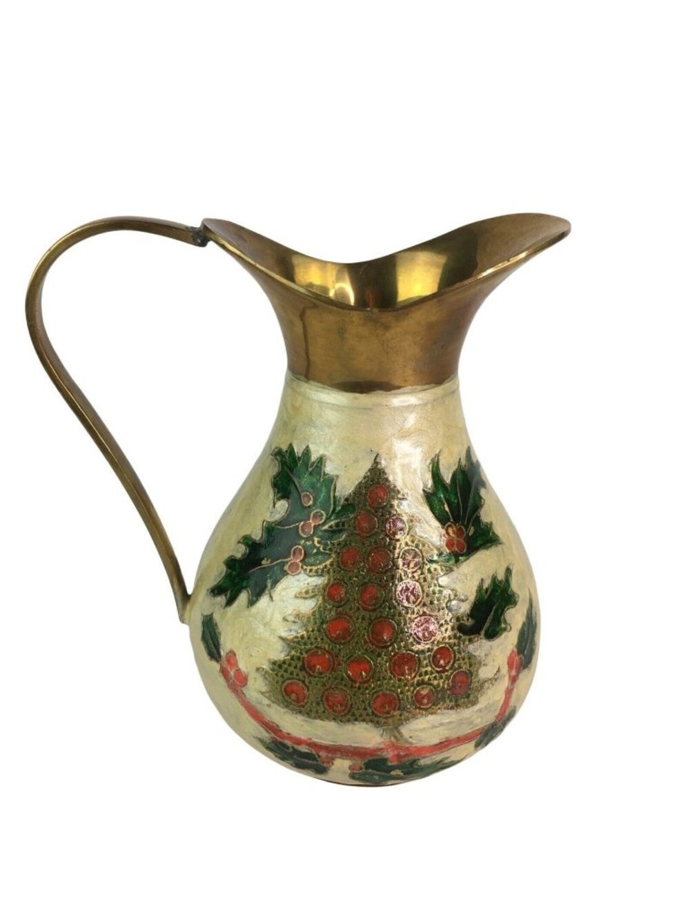 Vintage Christmas Water Pitcher Tree Holly Cloisonne Holiday Decor India